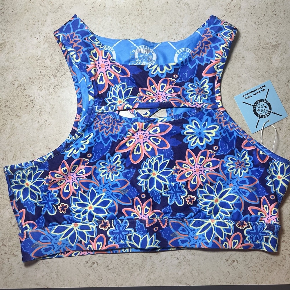 Barbells and Pizza Floral Lace-Up‎ Detail Activewear Sports Bra Top 2XL NWT New!